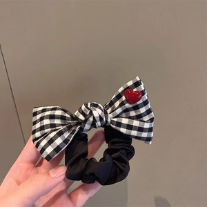 Bow Knot Scrunchie Gingham Plaid Fabric Elastic Hair Tie With Red Heart Decoration Korean Sweet Style For Women Girls