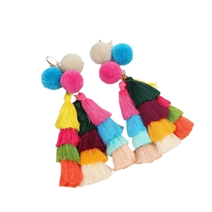 Colorful Bohemian tassel earrings with vibrant pom-poms for a stylish ethnic look