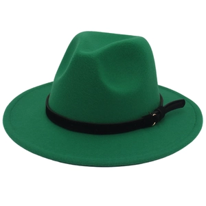 Detailed view of emerald green wool fedora hat with black leather strap and metal rivets