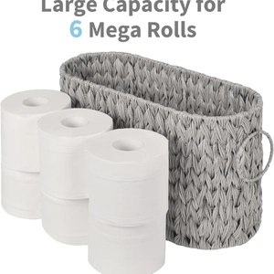 Detail of grey woven storage basket showing large capacity for six mega toilet rolls