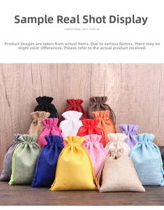 Close-up of colorful burlap drawstring gift bags stacked neatly on a rustic wooden background