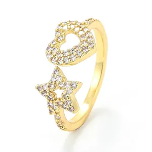 Micro Pave Zirkonia Herz Und Stern Verstellbarer Offener Ring Kupfer Modeschmuck Für Damen