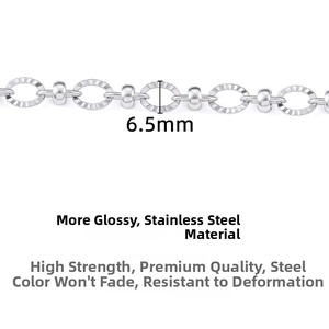 Detail of 6.5mm oval bead stainless steel chain showing textured link dimensions