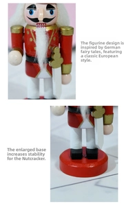 Detail of the stable red wooden base and classic uniform on 10cm nutcracker doll
