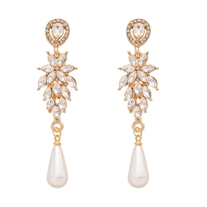 Sparkling leaf and teardrop faux pearl earrings with marquise rhinestones in gold finish