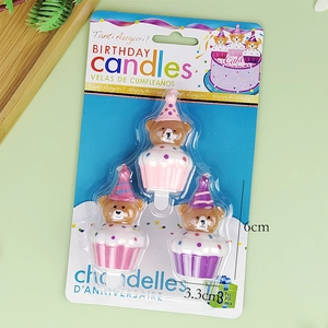 Set van 3 cartoon beer cupcake verjaardagskaarsen in roze en paars voor party taart decor