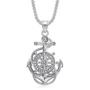 Collier hip hop avec pendentif ancre et gouvernail en argent serti de strass