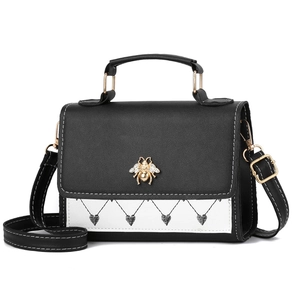 Elegant black and white bee buckle handbag with heart print and gold chain strap