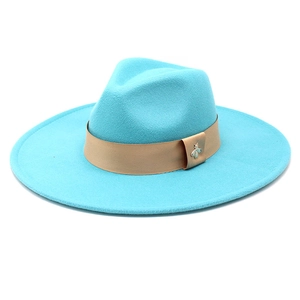Detailed close-up of wide brim wool fedora with gold band and metal bee ornament