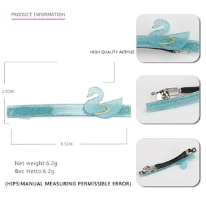 Blue swan acrylic hair clip with glitter finish and dimensions of 8.5cm by 2.0cm