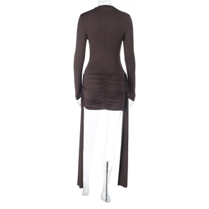 Detail view of the deep brown bodycon dress featuring elegant back ruching and long ties