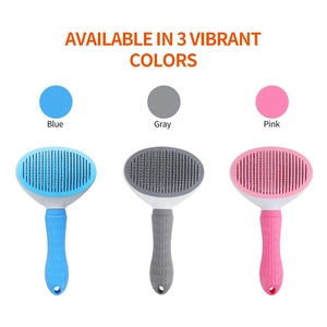 Self-cleaning pet grooming brush set available in blue, gray, and pink colors