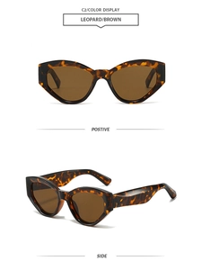 Detailed front and side views of leopard print cat eye sunglasses with brown lenses