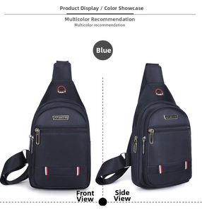 Dunkelblaue wasserdichte Oxford-Brusttasche mit silbernen Reißverschlüssen im Detail