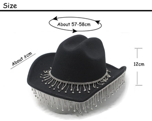 Detailed size specifications for the black cowboy hat with rhinestone tassels and gems