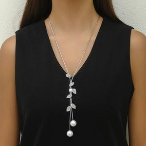 Long Y-Shaped Pendant Necklace Alloy Rhinestone Leaf White Faux Artificial Pearl Sweater Chain Elegant Jewelry For Women