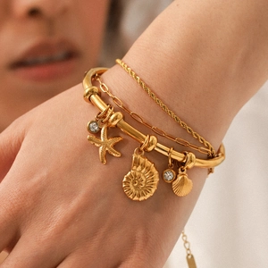 European American 18K Gold Plated Stainless Steel Starfish Conch Scallop DIY Charms Bangle Bracelet For Women Fashion Jewelry Gift