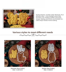 Detailed view of PLA plastic dog cookie cutters with Christmas sweater and antler shapes