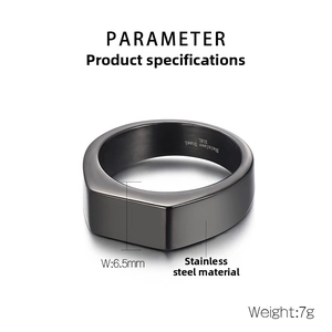 Detailed parameter view of a 6.5mm black stainless steel ring with geometric facets