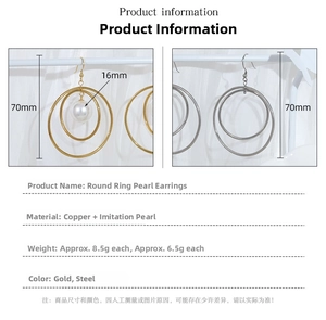 Detailed view of geometric gold hoop earrings with dimensions and pearl charm details