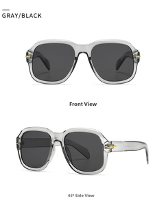Close-up of modern square sunglasses featuring transparent gray frames and golden metal hinges