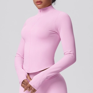 Women's pink zip-up sports jacket with stand collar and thumb holes for fitness