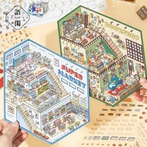 Detailed view of 3D miniature PET stickers featuring isometric supermarket and bookshop themes