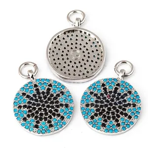 Three round blue Evil Eye charms with pavé crystals and silver-plated metal bases