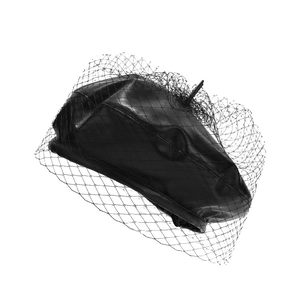 Retro Damen-Baskenmütze aus schwarzem PU-Leder mit elegantem Netzschleier-Design