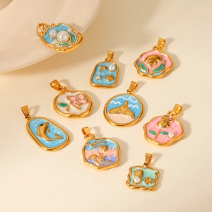 Enamel and pearl ocean life pendants with golden edges for summer jewelry making