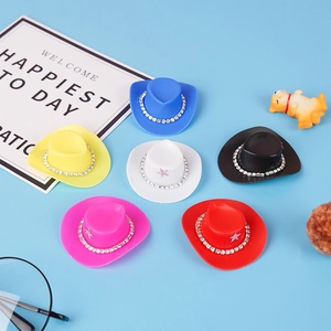Miniature colorful plastic doll cowboy hats with rhinestone chain accessories set