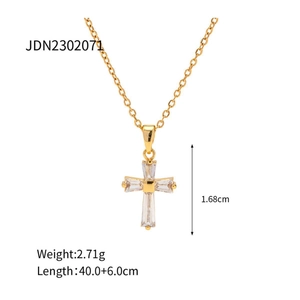 18K gold plated stainless steel square cross pendant necklace with white zircon