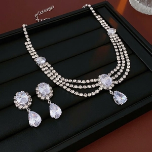 Teardrop Jewelry Copper Rhinestone Zircon Multi Layer Necklace Drop Earrings With Silver Earring Post Luxury Formal Wedding Women