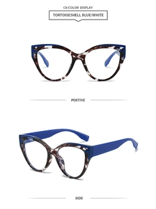 Detail view of tortoiseshell blue and white cat eye sunglasses from front and side angles