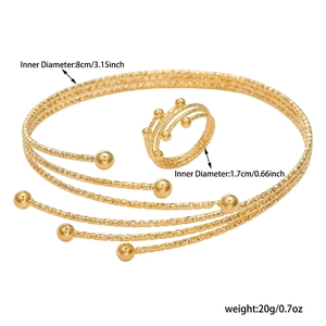Gold textured multilayer choker and ring jewelry set with detailed size measurements