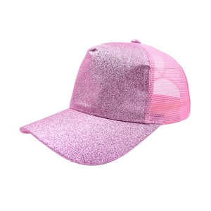 Close-up of pink sequin glitter fabric and breathable mesh on this stylish baseball cap