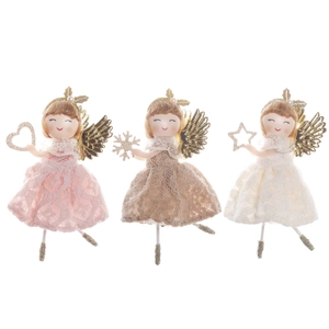 Lot de trois anges de Noël en peluche rose, kaki et blanc avec ailes dorées