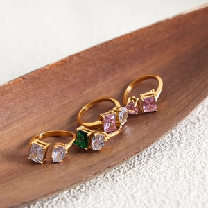 Gold plated titanium steel open rings set with colorful zircon gemstones in various cuts