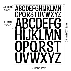 Detailed size chart for black waterproof vinyl letter stickers in 1 and 2 inch sizes