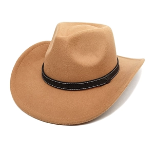 Detail of wool western cowboy hat showing decorative band with contrast stitching and metal buckle