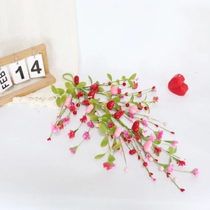 60cm Valentines heart vine wall decor with red berries and pink silk flowers