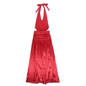 Detail of red satin halter neck maxi dress showing its smooth fabric and slim-fit cut