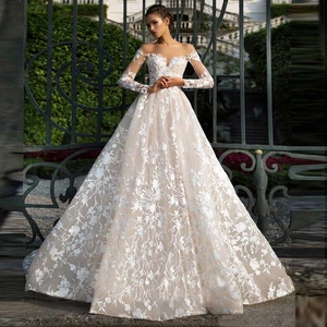 Elegant Off Shoulder Long Sleeves Lace Wedding Dress Backless Bridal Gown With Floral Embroidery And Mesh Train For Women