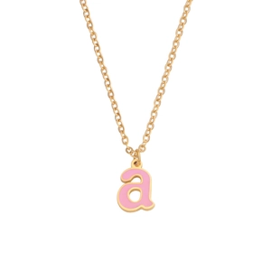 Detailed macro view of a pink enamel letter 'A' pendant on a gold stainless steel chain