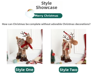 Detail of two plush Christmas reindeer figurines in festive outfits and knitted hats
