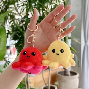 Detail of reversible octopus plush keychain with metal ring and embroidery