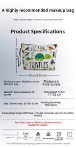 Detailed dimensions of the turtle print linen makeup bag measuring 17x25cm and 33g