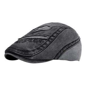 Vintage washed charcoal gray newsboy cap with Boston embroidery and distressed details