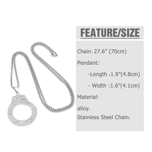Detailed view of silver handcuff pendant necklace with size dimensions and rhinestone inlay
