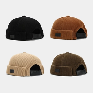 Retro Corduroy Docker Hat Brimless Beanie Adjustable Faux Leather Strap Streetwear Minimalist Skull Cap For Men Women
